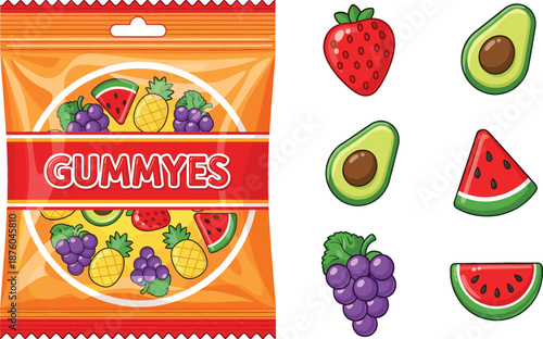 Vector illustration of fruit gummy candy snack bag packaging design with colorful icons of strawberry avocado watermelon pineapple and grapes for food concept