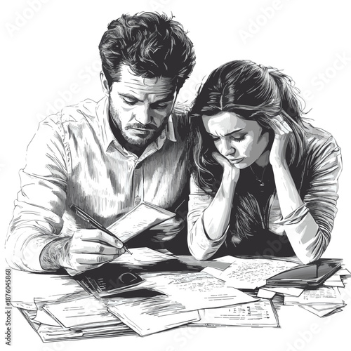 married couple working through a difficult problem together, focused on documents and planning sketch engraving generative ai raster illustration