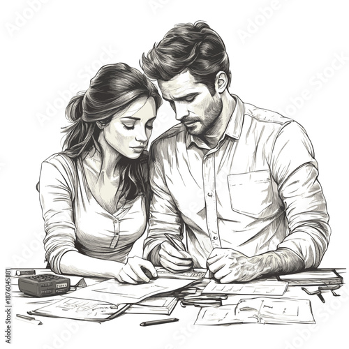 married couple working through a difficult problem together, focused on documents and planning sketch engraving generative ai raster illustration