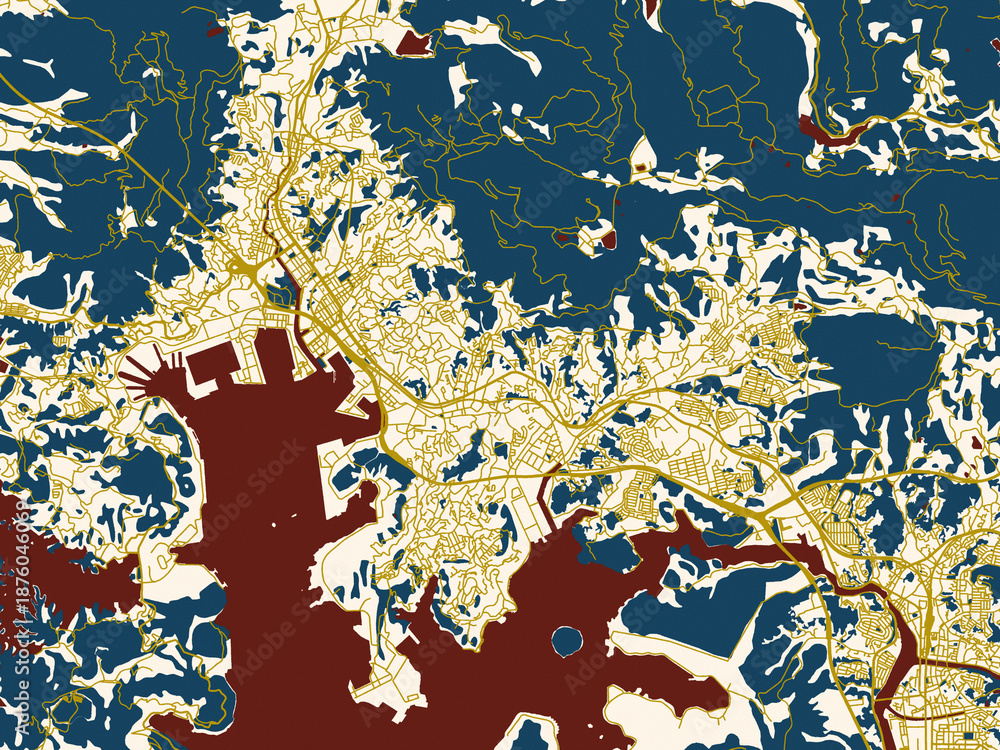 Naklejka premium Decorative abstract map of Sasebo, Japan, featuring minimal ivory map base with golden roads and dark red water bodies in a modern flat style