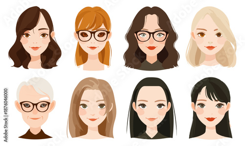 Colección de retratos de mujeres diversas en estilo de ilustración plana, con diferentes peinados y accesorios.