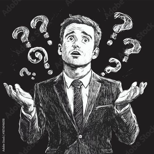 puzzled businessman shrugging with question marks around him, expressing confusion or uncertainty sketch engraving generative ai fictional character vector illustration
