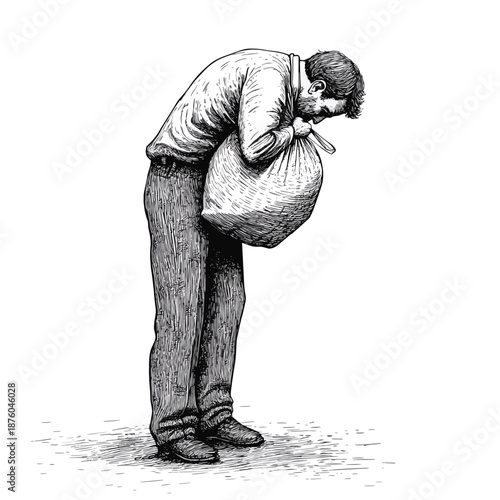 tired businessman hunched over while carrying a heavy sack of money, symbolizing financial pressure or debt sketch engraving generative ai fictional character vector