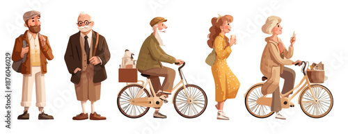Ilustración de personajes diversos en estilo vintage, algunos en bicicleta, con fondo transparente.