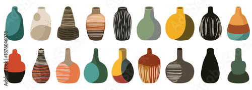 Colección de jarrones decorativos de cerámica con diseños abstractos y colores tierra, sobre fondo transparente.