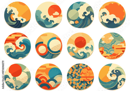 Colección de círculos con diseños de olas, sol y patrones abstractos en estilo japonés.