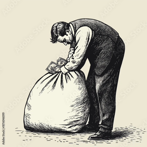 tired businessman hunched over while carrying a heavy sack of money, symbolizing financial pressure or debt sketch engraving generative ai fictional character vector