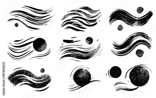 Conjunto de trazos de pincel abstractos en blanco y negro con círculos, elementos gráficos transparentes para diseño.