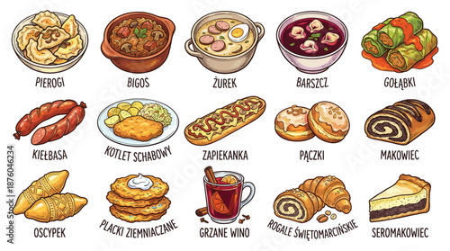 Assorted traditional dishes and pastries displayed on a white background