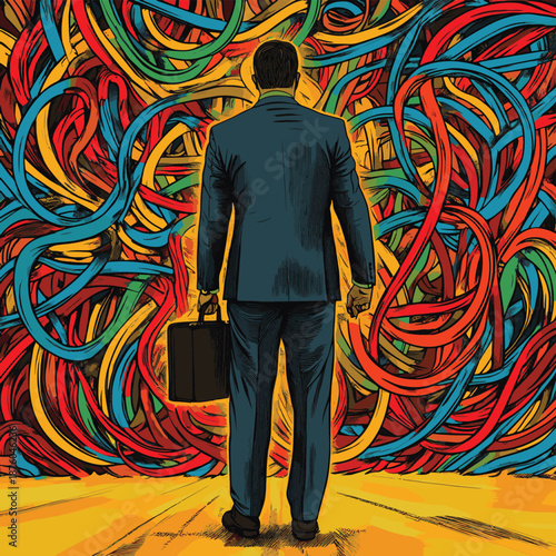 worried businessman with a briefcase, standing before a chaotic tangle of lines symbolizing confusion and mental stress