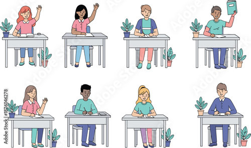 Flat vector illustration set of diverse elementary school students sitting at desks in a classroom raising hands and writing for education learning concept