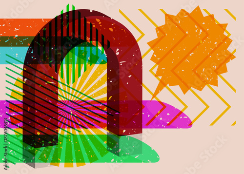 Risograph Magnet with speech bubble with geometric shapes. Objects in trendy riso graph print texture style design with geometry elements.