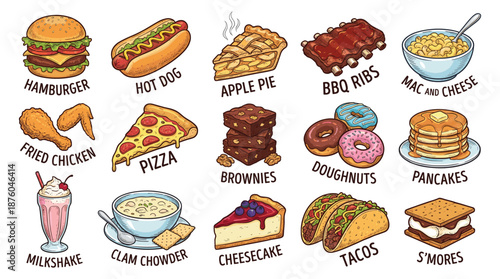 A colorful illustration of various delicious food items, including desserts and savory dishes, displayed together on a clean background from a direct viewpoint.