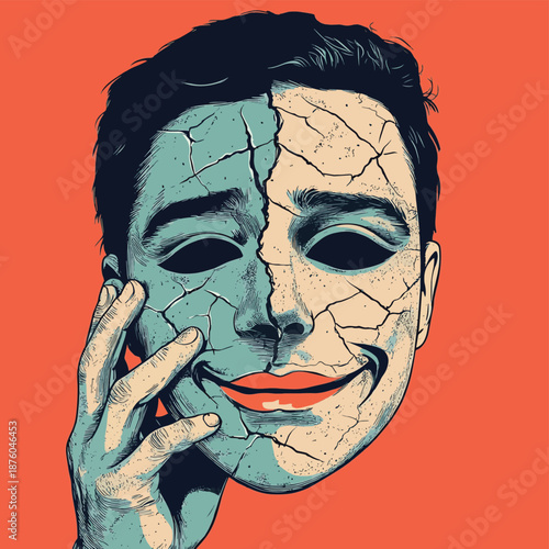 depressed man holding a cracked smiling mask, symbolizing hidden emotions, depression, and emotional facade