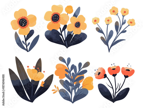 Conjunto de ilustraciones botánicas de flores amarillas y naranjas con hojas azules sobre fondo transparente.