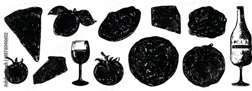 Siluetas negras de comida italiana y vino sobre fondo blanco, elementos de diseño transparente.