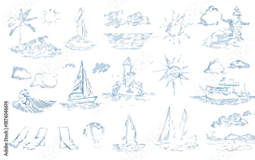 Colección de bocetos de elementos de verano y mar, incluyendo barcos, islas y faros, con fondo transparente.