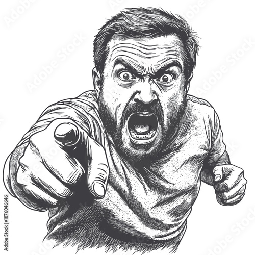 man looking distressed with inner critic, angrily points and yells sketch engraving generative ai fictional character raster illustration