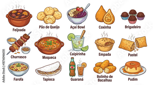 A vibrant assortment of traditional dishes from a specific culture, featuring various delicacies and local specialties, displayed on a clean white background.