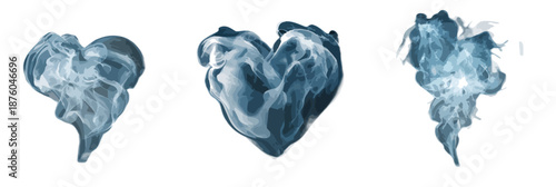 Tres corazones de humo azul sobre fondo blanco, concepto abstracto de amor y transparencia.