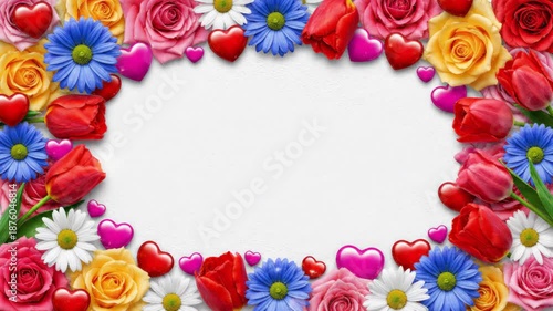 Floral and Hearts Border - A colorful floral border with roses, tulips, daisies, and blue flowers surrounds a blank white space.