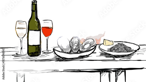 Bodegón de vino tinto y blanco con ostras y aperitivo, estilo boceto transparente