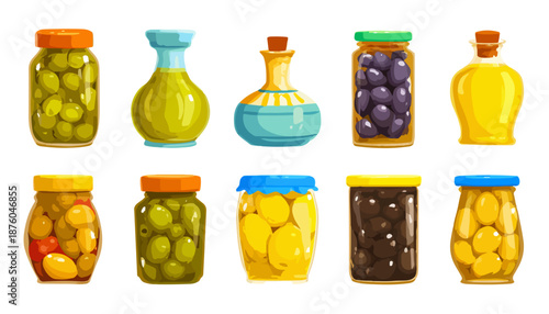 Frascos de aceitunas y aceites en un fondo transparente, ilustración vectorial de alimentos en conserva