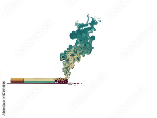 Cigarrillo encendido con humo verde abstracto y transparente, aislado sobre fondo blanco.