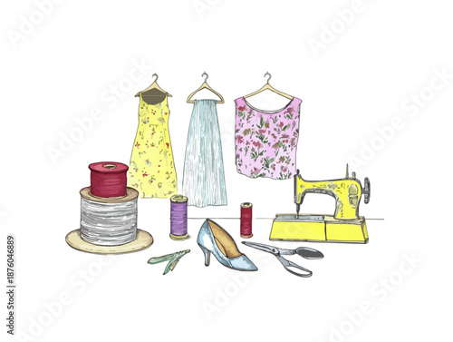 Ilustración de objetos para costura y moda, con vestidos, máquina de coser y accesorios, sobre fondo blanco.
