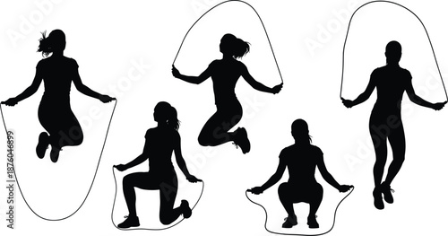 Collection of Female Fitness Silhouettes Skipping Rope and Jumping for Cardio Workout Exercises Isolated on White Background for Gym Posters and Health Designs