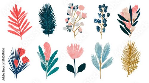 Conjunto de ilustraciones botánicas de acuarela con hojas y flores sobre fondo transparente.