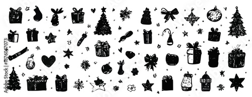 Colección de iconos de Navidad dibujados a mano con regalos, árboles y adornos sobre fondo blanco.