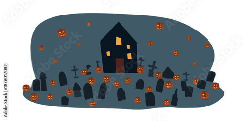 Casa embrujada con cementerio y calabazas iluminadas para Halloween, diseño transparente.