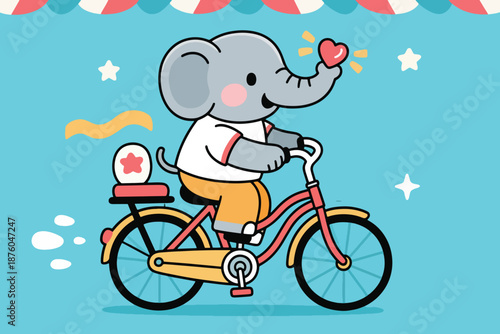 Cartoon elephant riding red bicycle holding heart with trunk under canopy on starry blue background.