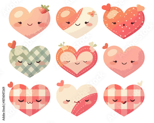 Colección de corazones kawaii con patrones y texturas, ideales para San Valentín y decoraciones.