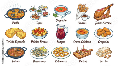 Assorted international cuisine illustrations displayed on a clean white background showcasing various dishes and ingredients