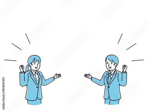 案内ポーズとガッツポーズで喜ぶスーツの男女、ビジネスの成功や解決イメージのベクターイラスト