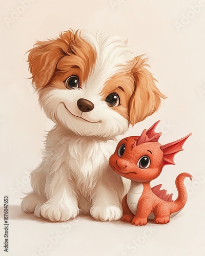 Cute puppy and cartoon dragon together.