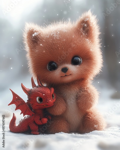 Cute fluffy kitten with a tiny red dragon toy.