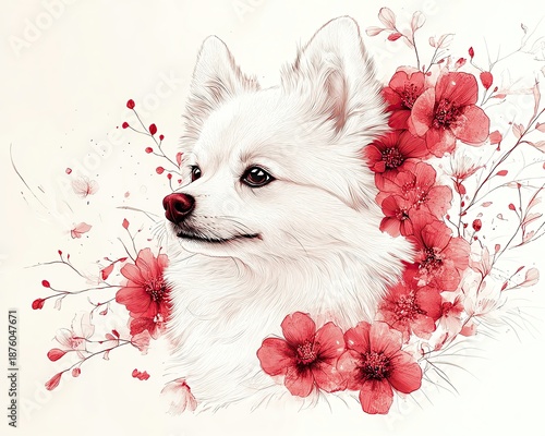 Elegant dog portrait surrounded by red flowers.