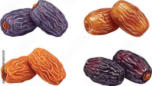 Dried dates variety illustration set, sweet healthy fruit snacks isolated on white background for nutrition organic food branding design