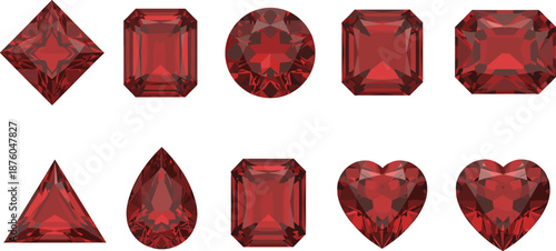 Red ruby gemstone cuts collection, luxury faceted crystal shapes isolated on white background for jewelry design branding and decoration projects