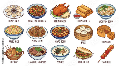 Assorted traditional Chinese cuisine delicacies displayed on a clean white background