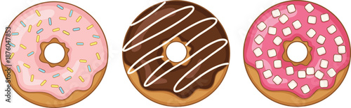 Sweet donut set illustration, colorful glazed chocolate strawberry doughnuts isolated on white background for bakery menu dessert branding design