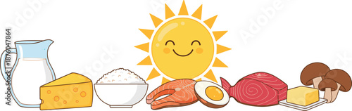Vitamin D rich food sources illustration, happy sun with dairy fish eggs mushrooms and cheese isolated on white background design
