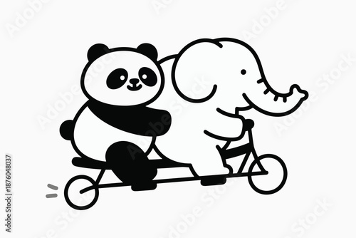 Cartoon panda and elephant riding tandem bicycle together in simple cute style with bold outlines.