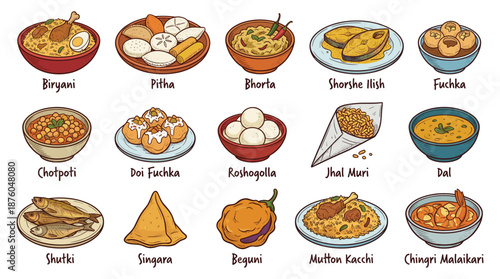 Assorted traditional dishes and desserts from various cultures displayed on a clean white background