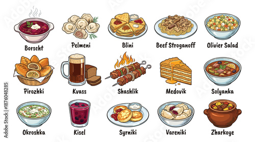 Traditional Eastern European Cuisine Illustrated in Vibrant Food Icons on White Background
