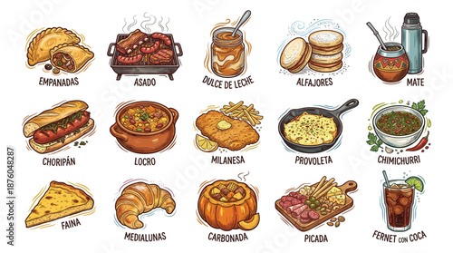 Assorted traditional dishes and drinks neatly arranged on a white background, showcasing various culinary delights and beverages in a flat lay style