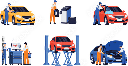 Professional auto mechanic characters performing car maintenance services including tire change, engine repair, pressure washing, diagnostic testing, and vehicle lifting in garage.